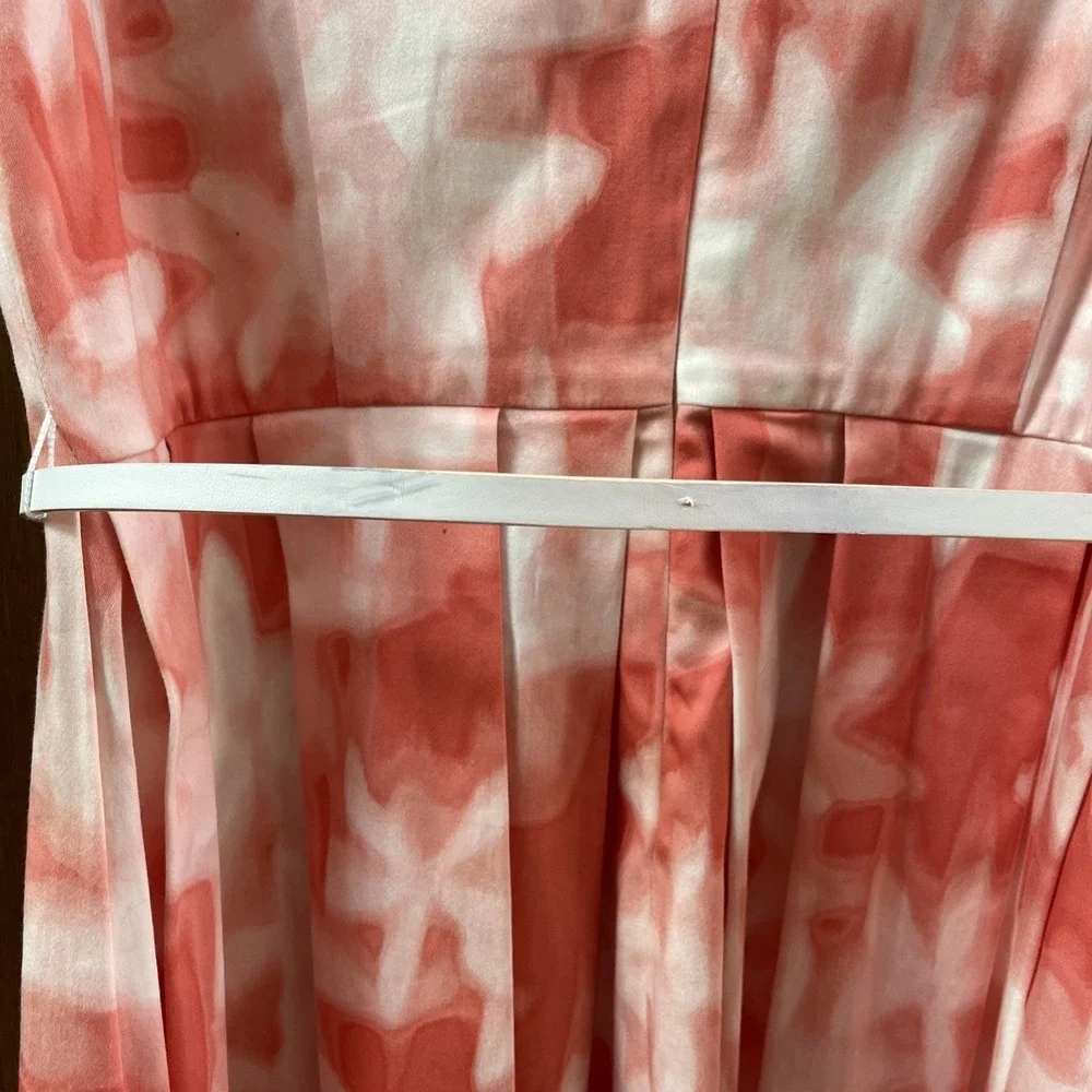 Calvin Klein Watercolor Belted Dress Pleated  Size 8 Pink White V Neck